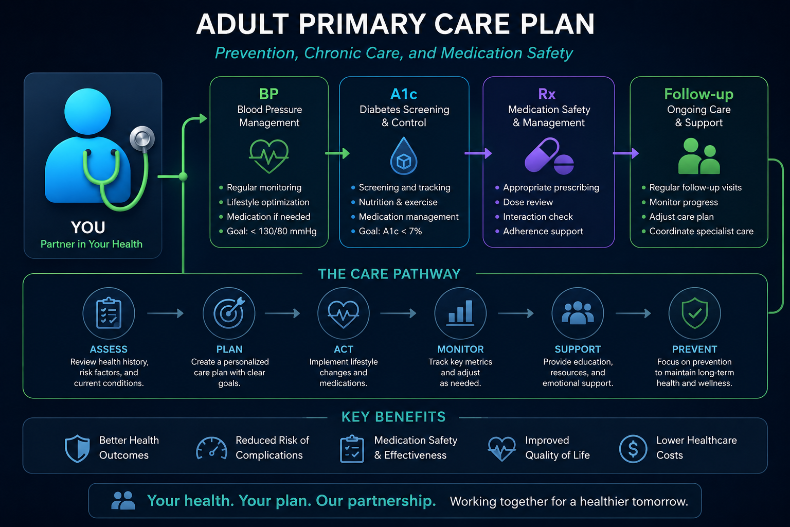 Adult Primary Care Plan pathway with prevention, chronic care, medication safety, blood pressure, diabetes screening, follow-up, care pathway, and key benefits