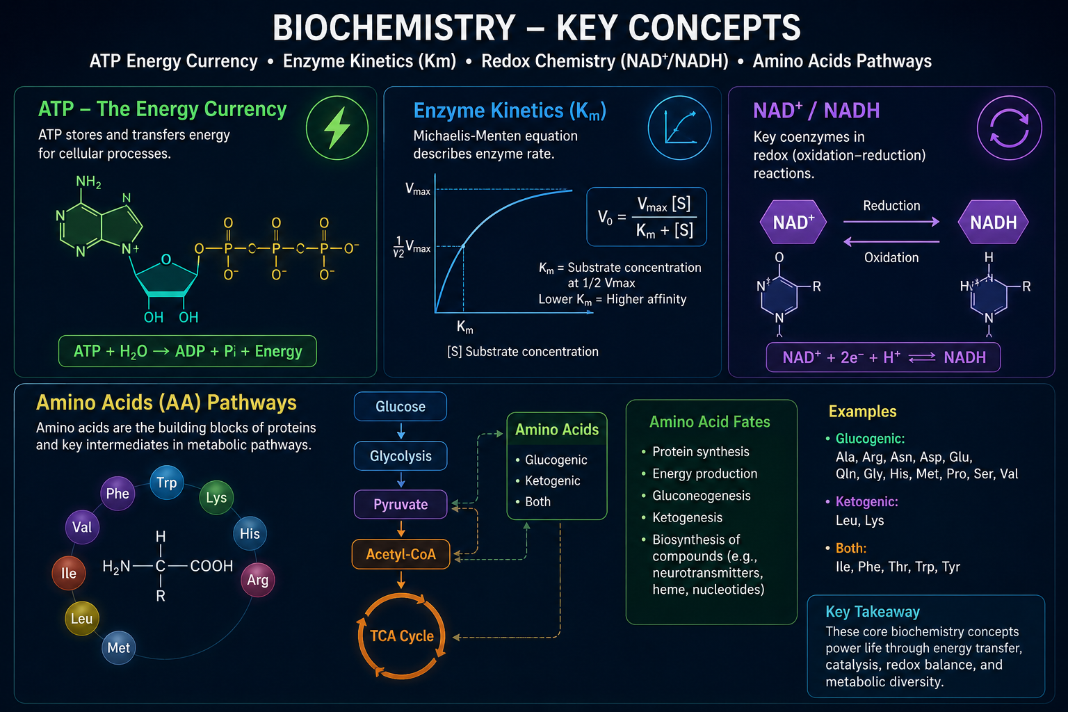 Biochemistry key concepts pathway overview with ATP energy currency, enzyme kinetics, NAD redox chemistry, and amino acid pathways