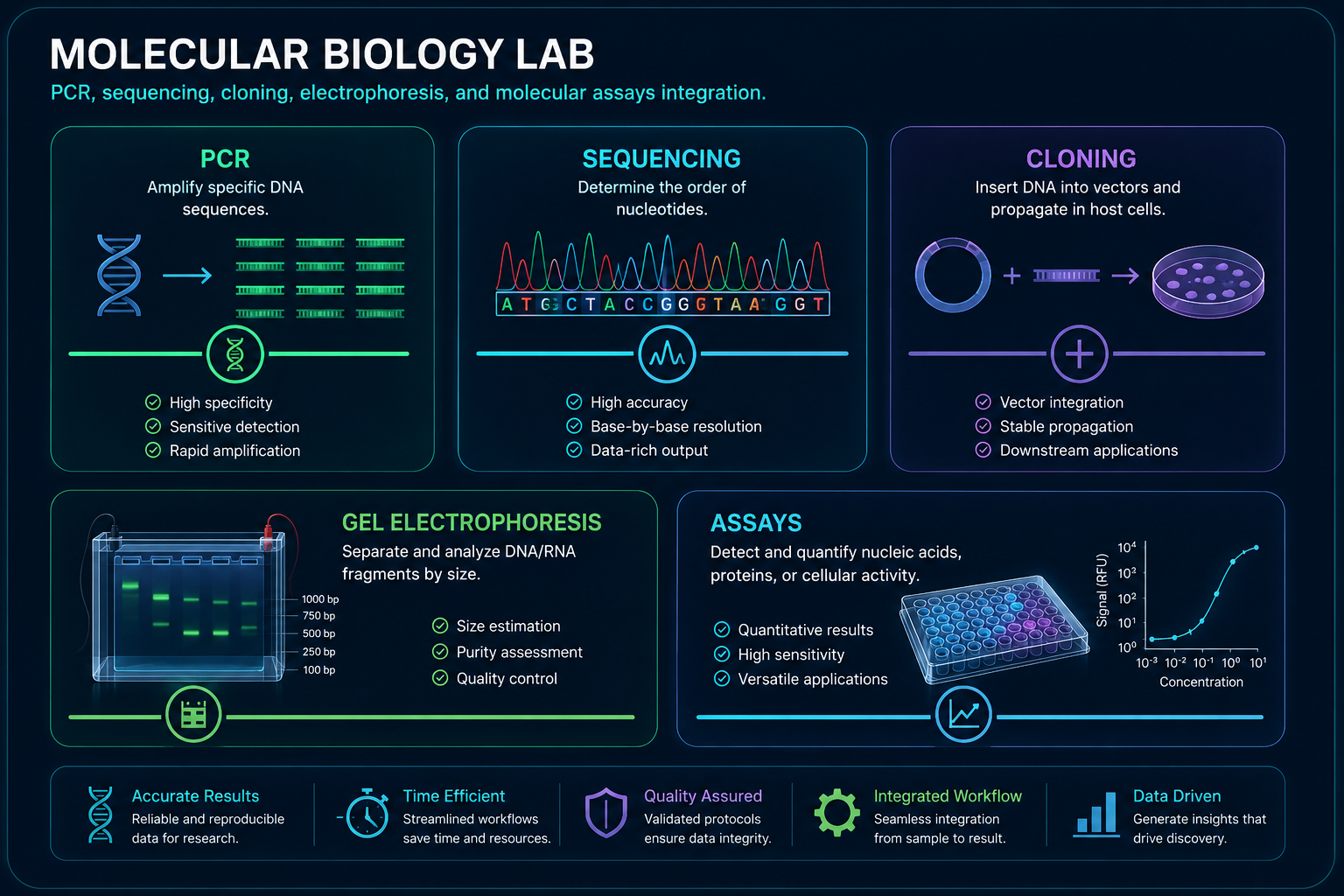 Molecular biology lab diagram showing PCR, sequencing, cloning, gel electrophoresis, assays, and integrated molecular workflow